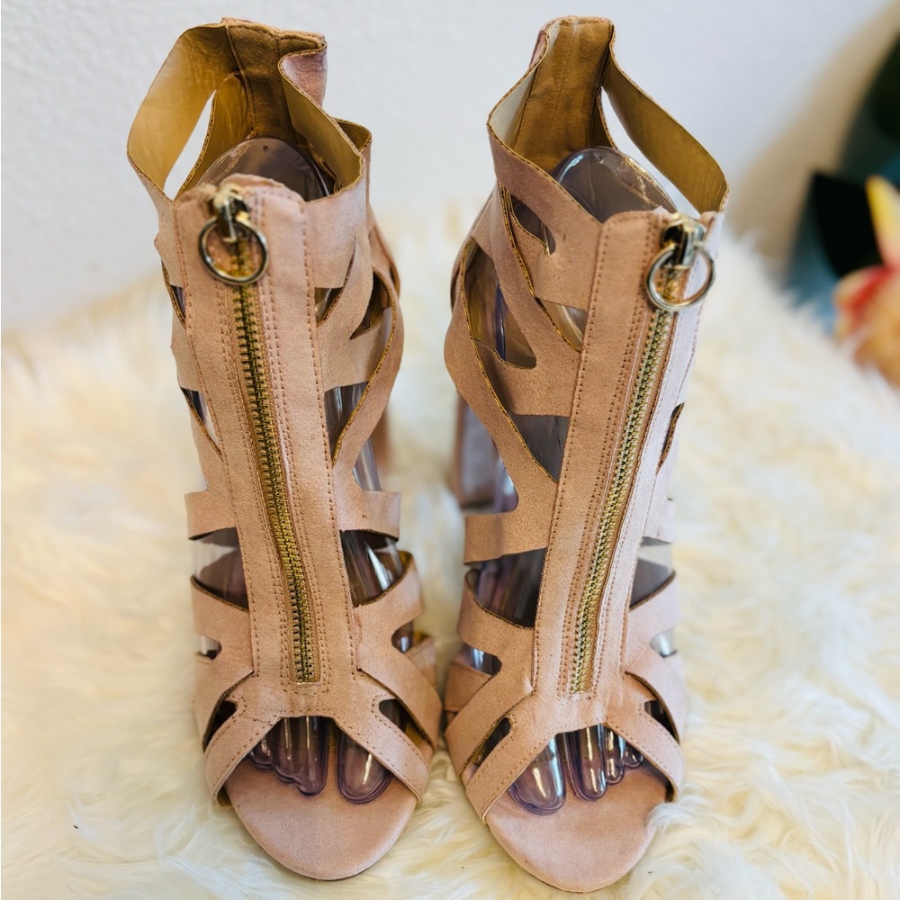 Charlotte Russe Tan Strappy Heels with Zipper
